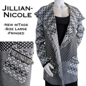 NEW Jillian Nicole Cardigan Large Black White Mixed Pattern Fringed Open Pockets